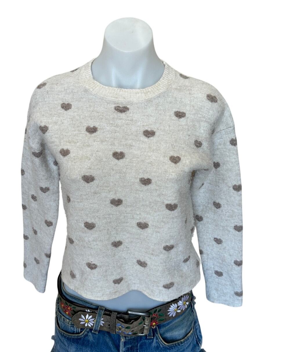 Splendid Off White Gold Heart Sweater XS Crewneck Cotton Cropped Wool Soft $168